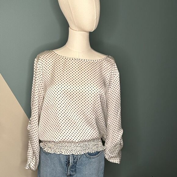 Michael Michael Kors Polka Dot Blouse Vintage-Inspired Chic Smocked Hem Large - Picture 2 of 11